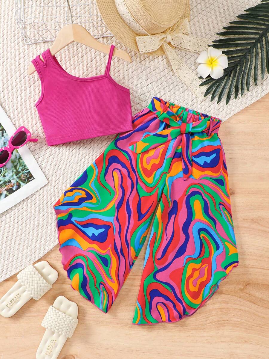SHEIN Young Girls Sleeveless Ribbed Hollow Out Top And Wide Leg Pants 2Pcs Set, Summer, School, Campus, College - Multicolor - View 1