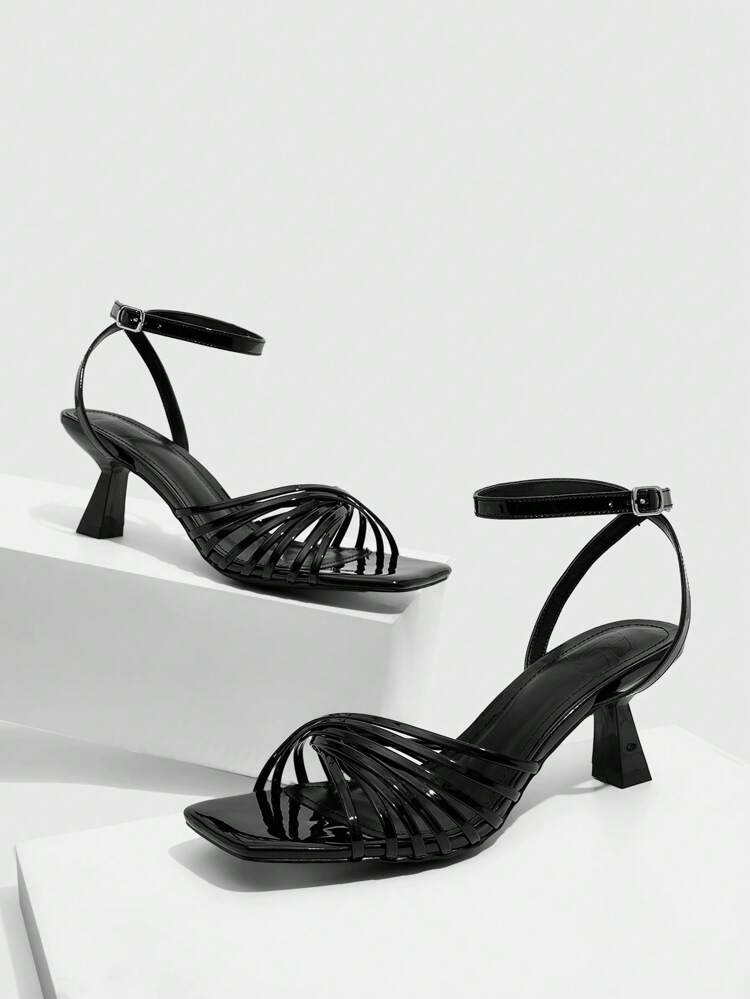 CUCCOO SZL Women's Square Toe Low Heel Black Strap Sexy Fashion Elegant Party Evening High Heel Sandals, Kitten Heel Strappy Sandals