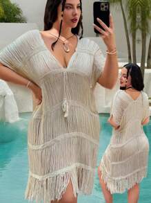 Slaysola Plus Size Women Deep V-Neck Knitted Beach Fringe Dress, Hollow Out Tasseled Solid Cover Up,Beach Cover Up For Summer Beach Vacation