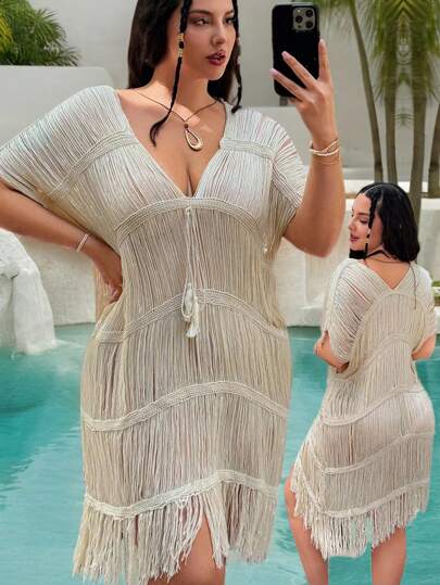 Slaysola Plus Size Women Deep V-Neck Knitted Beach Fringe Dress, Hollow Out Tasseled Solid Cover Up,Beach Cover Up For Summer Beach Vacation