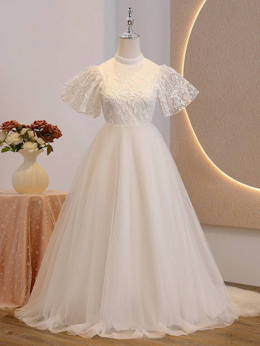 Tween Girl Elegant Party Embroidered Mesh Dress