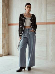 PREMIUM WOMEN'S RHINESTONE EMBELLISHED LOOSE FIT WIDE LEG JEANS - Baby Blue - View 7