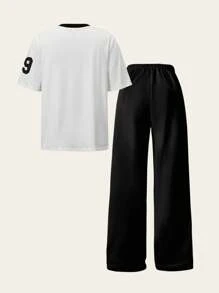 SHEIN Explorewe Bộ 2 món/Bộ áo thun thể thao in số cổ chữ V tay ngắn và quần dài ống rộng cho bé gái tuổi teen - Nhiều màu - Xem 3