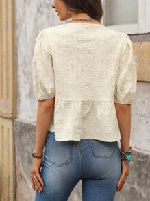 Solivie 女士系带泡泡袖刺绣衬衫，优雅度假装，情人节 - 杏色 - 查看 2