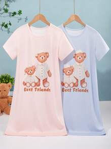 2pcs Girls Pajama Sets, Each Piece Features Cute Cartoon Leopard & Bear Patterns, Light And Soft Color Tones, Simple And Basic Design For Comfortable Wear, Stretchy And Breathable Knit Fabric, Machine Washable, Comfortable Fit, Easy Care Mommy And Me Matching Outfits (2 Pieces Sold Separately)