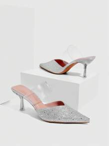 CUCCOO SZL Mules femininas sensuais de bico fino com detalhes em strass e salto alto transparente, perfeitas para usar com vestidos. - Prata - Ver 6