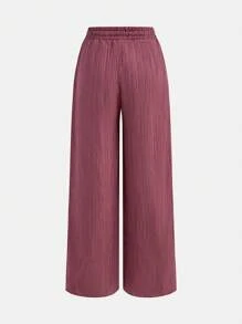 SHEIN Pantalon en tissu texturé rose clair unicolore avec cordon et nœud papillon, pour filles préadolescentes décontractées