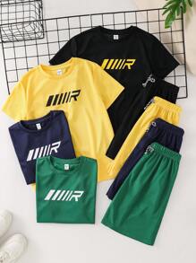 Tween Boys 8pcs Set, 6+2 Free, Solid Color & Letter Graphic Short Sleeve Round Neck T-Shirts And Elastic Waist Shorts Sets, Suitable For Outdoor Play, School, Street, Party And Casual Wear, Spring/Summer/Autumn