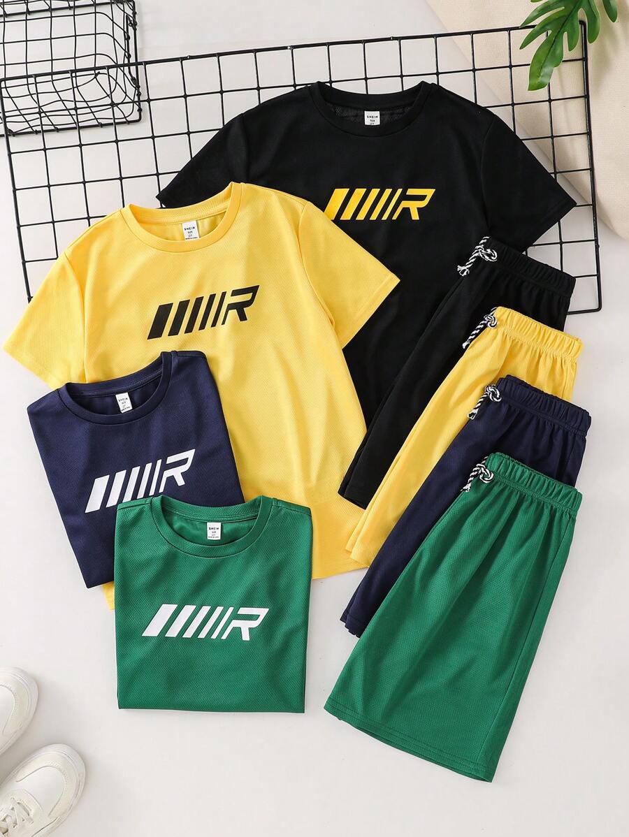 Tween Boys 8pcs Set, 6+2 Free, Solid Color & Letter Graphic Short Sleeve Round Neck T-Shirts And Elastic Waist Shorts Sets, Suitable For Outdoor Play, School, Street, Party And Casual Wear, Spring/Summer/Autumn