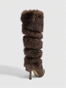 CUCCOO SZL 女士性感时尚奢华派对尖头细高跟仿皮草衬里拉链卡其色/咖啡色过膝毛茸茸靴子 - 咖啡棕 - 查看 6