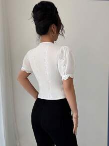 Selianne Women's Spring & Summer Elegant Short Sleeve V-Neck Open Front Buttoned Hollow Out Lace Fabric Blouse