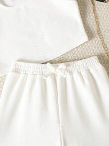 SHEIN 两件套少女针织上衣和宽松短裤休闲套装 - 白色 - 查看 5