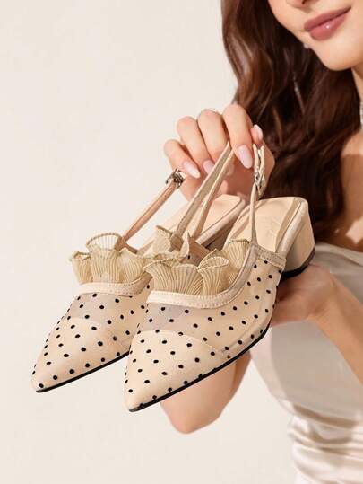CUCCOO CHICEST Apricot Polka Dot Mesh Sexy Elegant Fairy Style Breathable Low Heel Backless Slip-On Flat Women Shoes Elegant Shoes