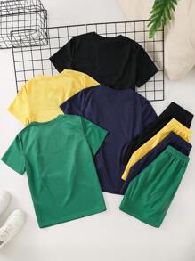 Tween Boys 8pcs Set, 6+2 Free, Solid Color & Letter Graphic Short Sleeve Round Neck T-Shirts And Elastic Waist Shorts Sets, Suitable For Outdoor Play, School, Street, Party And Casual Wear, Spring/Summer/Autumn