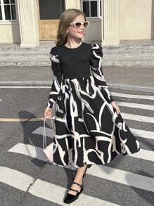 SHEIN Tween Girls 2 In 1 Gigot Sleeve Geometric Floral Patchwork Stand Collar Dress - Multicolor - View 9