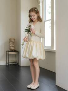 Vestido de manga larga con volantes y decoración floral 3D de unicolor para niña preadolescente - Amarillo - Ver 5