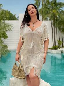 Slaysola Plus Size Women Deep V-Neck Knitted Beach Fringe Dress, Hollow Out Tasseled Solid Cover Up,Beach Cover Up For Summer Beach Vacation