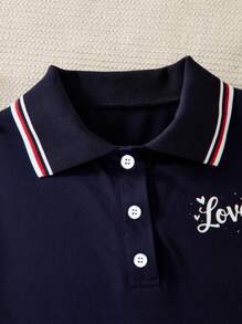 SHEIN Vacaura 青少年女孩休闲拼色条纹 Polo 领 A 字形连衣裙（夏季）