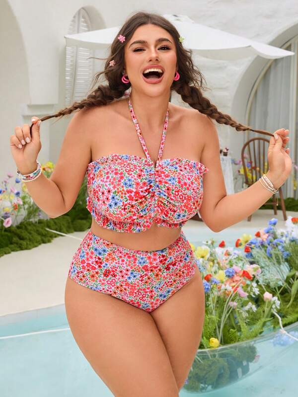 Swim Mod Conjunto de bikini talla grande talla con escote en V, volante en el bajo y sin mangas con estampado floral ditsy, para verano