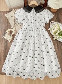 Vestido de niña preadolescente con mangas abullonadas, cuello bordado, moño y volantes con estampado - Blanco - Ver 2