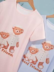 2pcs Girls Pajama Sets, Each Piece Features Cute Cartoon Leopard & Bear Patterns, Light And Soft Color Tones, Simple And Basic Design For Comfortable Wear, Stretchy And Breathable Knit Fabric, Machine Washable, Comfortable Fit, Easy Care Mommy And Me Matching Outfits (2 Pieces Sold Separately)