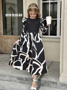 SHEIN Tween Girls 2 In 1 Gigot Sleeve Geometric Floral Patchwork Stand Collar Dress - Multicolor - View 10