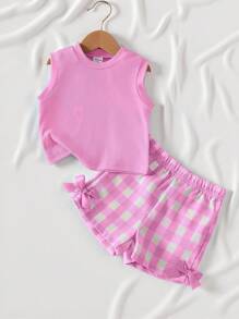 SHEIN Playful Pals 女婴纹理无袖上衣和蓝色格子短裤套装，带蓝色蝴蝶结装饰，夏季日常休闲装 - 粉色 - 查看 3