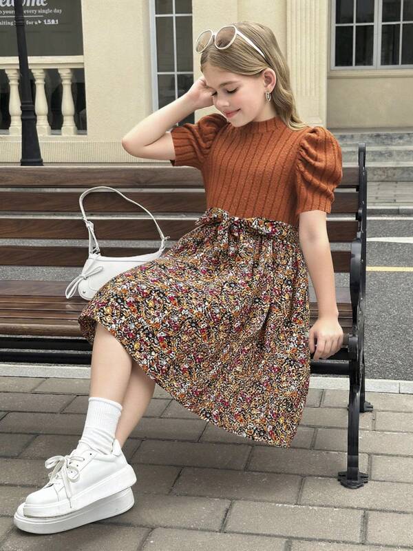 SHEIN Robe mini décontractée pour préadolescentes avec manches bouffantes, col rond et imprimé floral contrasté