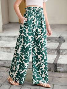 SHEIN Leap Crew Tween Girls' Loose Casual Ruffled Leaf Print High Waist Wide Leg Pants, Resort Wear - Green - View 1