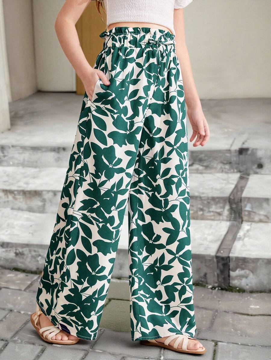 SHEIN Leap Crew Tween Girls' Loose Casual Ruffled Leaf Print High Waist Wide Leg Pants, Resort Wear - Green - View 1