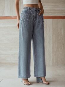 PREMIUM WOMEN'S RHINESTONE EMBELLISHED LOOSE FIT WIDE LEG JEANS - Baby Blue - View 4