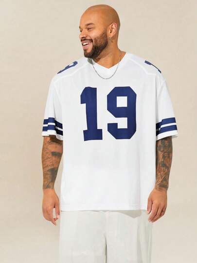 EASEVO Plus Size Men's Loose Casual V-Neck Letter & Graphic Print Knitted Basketball T-Shirt