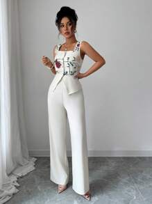 Elenzga 2pcs/Set Women's Summer Vacation Bohemian Embroidered Mesh Sleeveless Blouse And Wide Leg Pants - Apricot - View 4