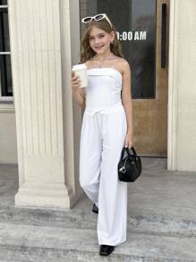 SHEIN Conjunto de 2 piezas de top de tirantes de color liso y pantalón largo informal para niñas preadolescentes