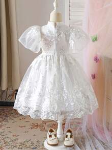 Young Girl Floral Embroidery Mesh Ruffle Hem Short Sleeve Elegant Dress - White - View 2