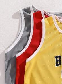 SHEIN Leap Crew 6pcs/Set Tween Boy Breathable Sports Letter Print Tank Top And Shorts Set - Yellow - View 3