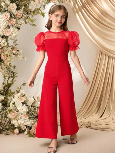 SHEIN Mono elegante para fiesta/formal de niña con parches de malla y perlas falsas
