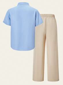 SHEIN Casuvi Kids 男童休闲混色印花立领衬衫长裤套装 - 彩色 - 查看 2