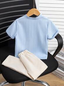 SHEIN 2pcs Young Boy Vertical Striped Round Neck Short Sleeve Single-Breasted Shirt & Pants Set, Summer - Blue - View 2