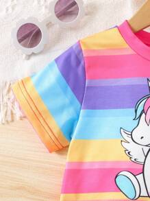 SHEIN Genkimix Kids 年轻女孩夏季条纹独角兽印花短袖 T 恤和短裤两件套，休闲 - 彩色 - 查看 6