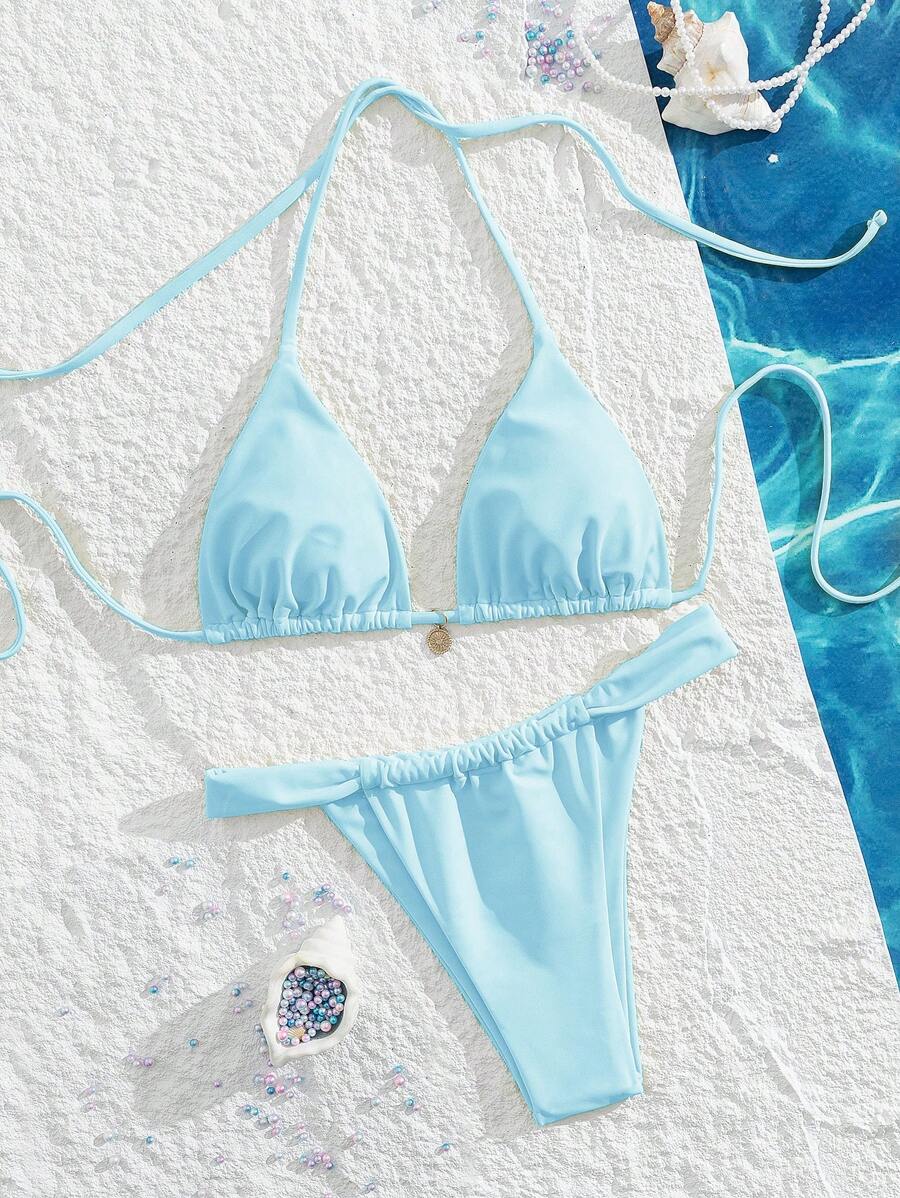 Swim Mod 2 件高腰性感露背吊带前系带女式泳衣套装，夏季 - 藍色 - 查看 1