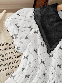 Vestido de niña preadolescente con mangas abullonadas, cuello bordado, moño y volantes con estampado - Blanco - Ver 5