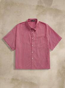 EASEVO Áo sơ mi tay ngắn dệt sọc đỏ trắng rộng rãi thoải mái cho nam cỡ lớn - Đỏ - Xem 7