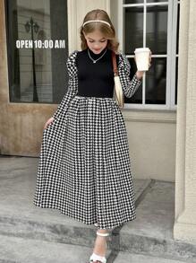 SHEIN 女童立领羊腿袖千鸟格印花羊腿袖连衣裙 - 黑與白 - 查看 10