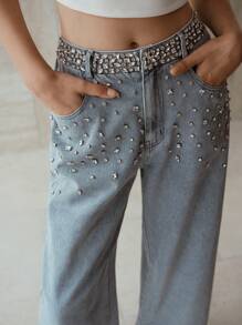 PREMIUM WOMEN'S RHINESTONE EMBELLISHED LOOSE FIT WIDE LEG JEANS - Baby Blue - View 1