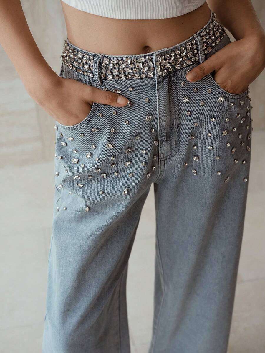 PREMIUM WOMEN'S RHINESTONE EMBELLISHED LOOSE FIT WIDE LEG JEANS - Baby Blue - View 1