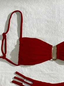Bonvoyette Women's Solid Color Ruched Sexy Red Bikini Swimsuit Set, Summer Beach - Red - View 4