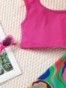 SHEIN Young Girls Sleeveless Ribbed Hollow Out Top And Wide Leg Pants 2Pcs Set, Summer, School, Campus, College - Multicolor - View 8