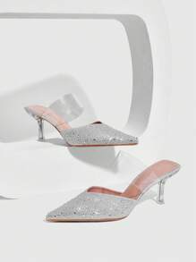 CUCCOO SZL Mules femininas sensuais de bico fino com detalhes em strass e salto alto transparente, perfeitas para usar com vestidos. - Prata - Ver 2