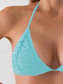 SHEIN Swim Women's Summer Beach Solid Color Ruched Halter Tie Sexy Bikini Swimsuit Sets - Baby Blue - View 5